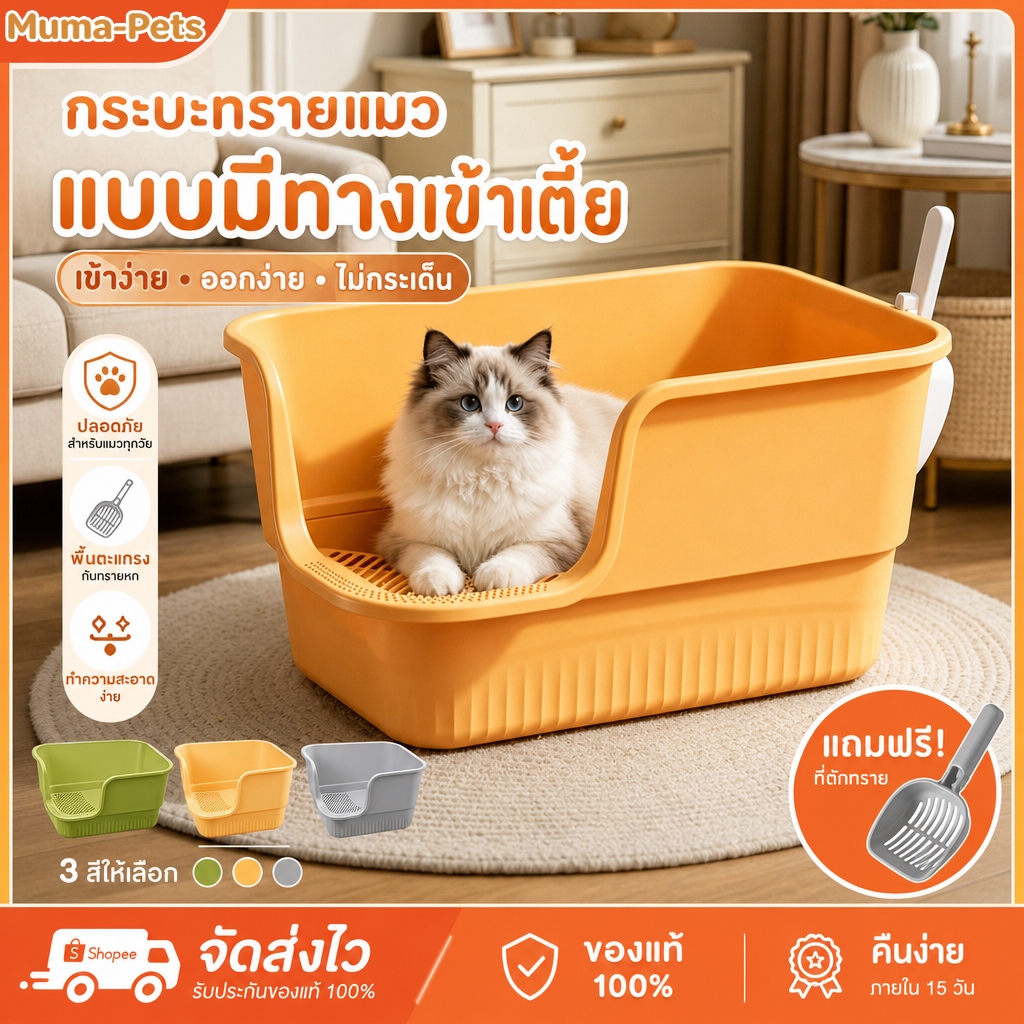 ห้องน้ำแมวแบบมีแผ่นเหยียบกรองทราย ขนาดใหญ่ 65ซม. รั้วสูง34ซม. กันทรายกระเด็น ทางเข้าต่ำ สำหรับแมวทุกวัย วัสดุPPปลอดภัย