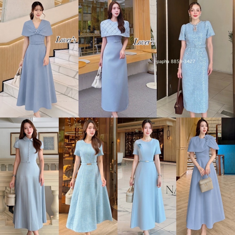 S-2XL เดรสออกงานสีฟ้า เดรสไปงานสีฟ้า ชุดไปงานแต่ง ชุดใส่วันแม่ old money