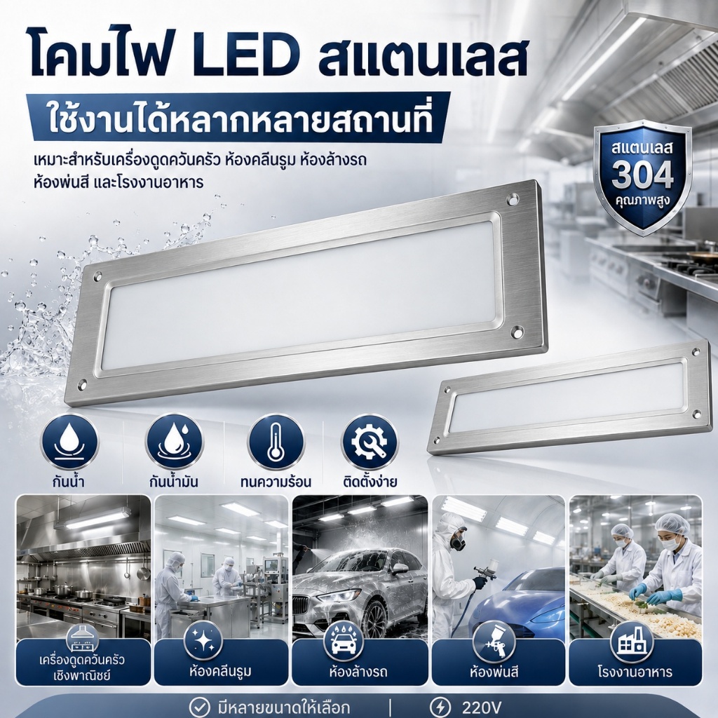 ไฟเครื่องดูดควัน LED สแตนเลส สำหรับครัวร้านอาหาร แสงสว่างสม่ำเสมอ กันฝุ่น กันน้ำมัน