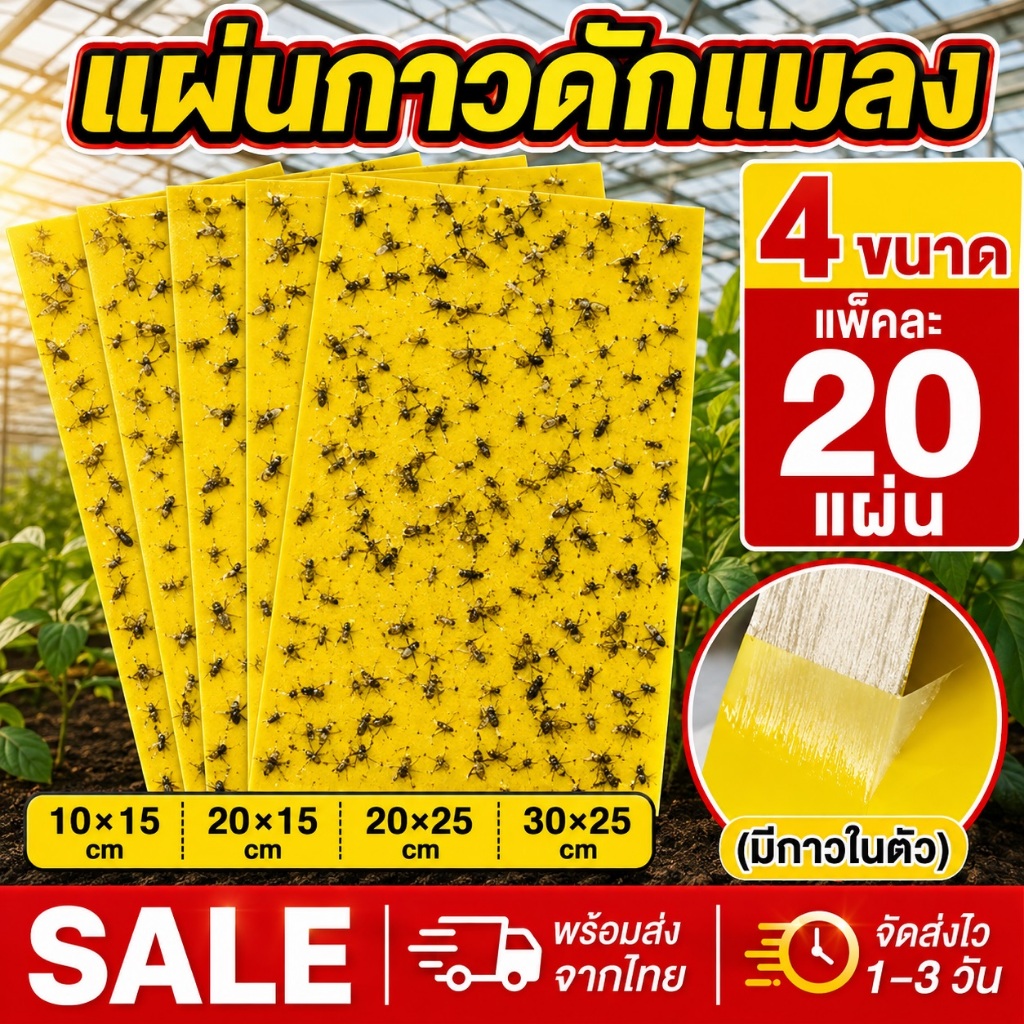 【COD】แผ่นกาวดักแมลง (มีกาวในตัว) หลายขนาด 20 แผ่น ดักแมลงศัตรูพืช แมลงกินผัก แมลงวันทอง