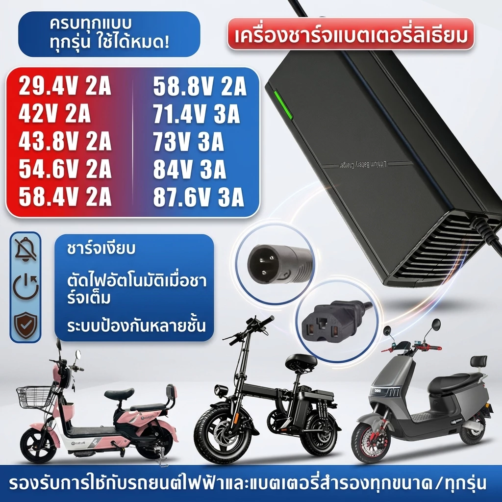 ที่ชาร์จแบตลิเธียม 24-72V รองรับ ตัดไฟอัตโนมัติ มีพัดลม ปลอดภัย ใช้กับจักรยานไฟฟ้า สกู๊ตเตอร์ ของแท้ ส่งไวจากไทย