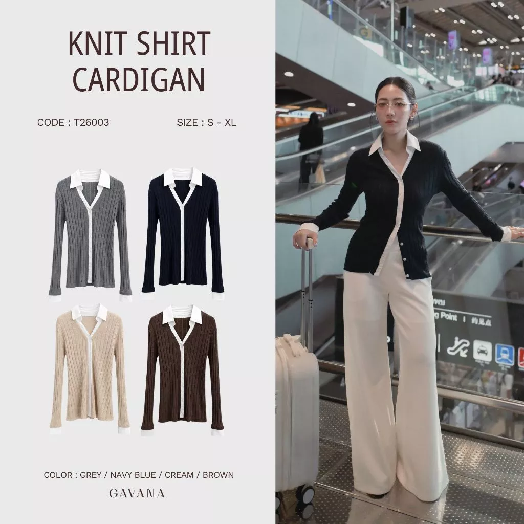 GAVANA✈️ KNIT SHIRT CARDIGAN เสื้อไหมพรมคอปกแขนยาวฉลุลาย เสื้อเดียวจบทุกลุค เรียบหรู แมตช์ง่าย#T26003