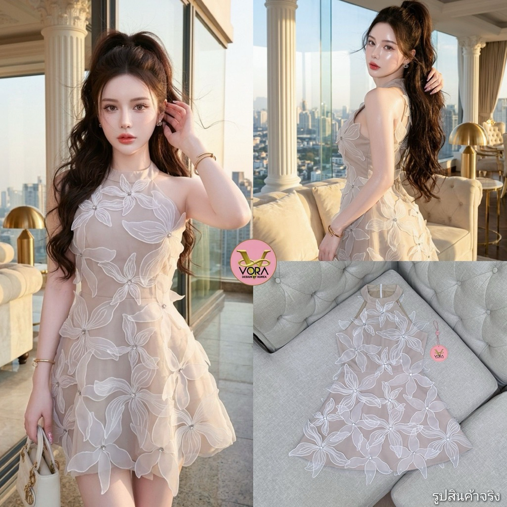 VORA Brand(เช็คก่อนสั่ง) Dress เดรสสั้นทรงเอ โชว์ช่วงไหล่ที่ให้ลุคหรูหราและเซ็กซี่(XS-L)