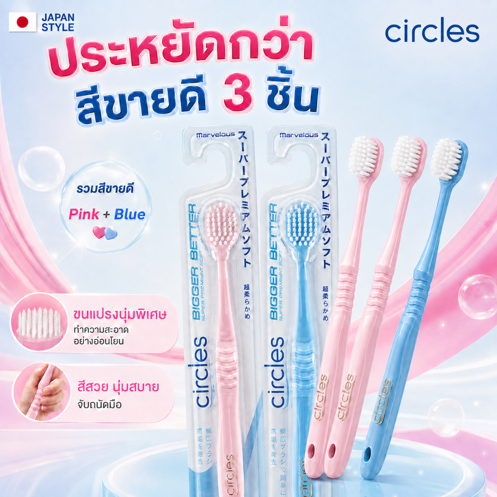 (คุ้ม ประหยัดกว่าสีขายดี 3 ชิ้น) ขนแปรงอ่อนนุ่ม หัวแปรงใหญ่ แปรงไว แปรงสีฟันสไลต์ญี่ปุ่นสีขายดี  ส่งไว รับประกันคุณภาพ