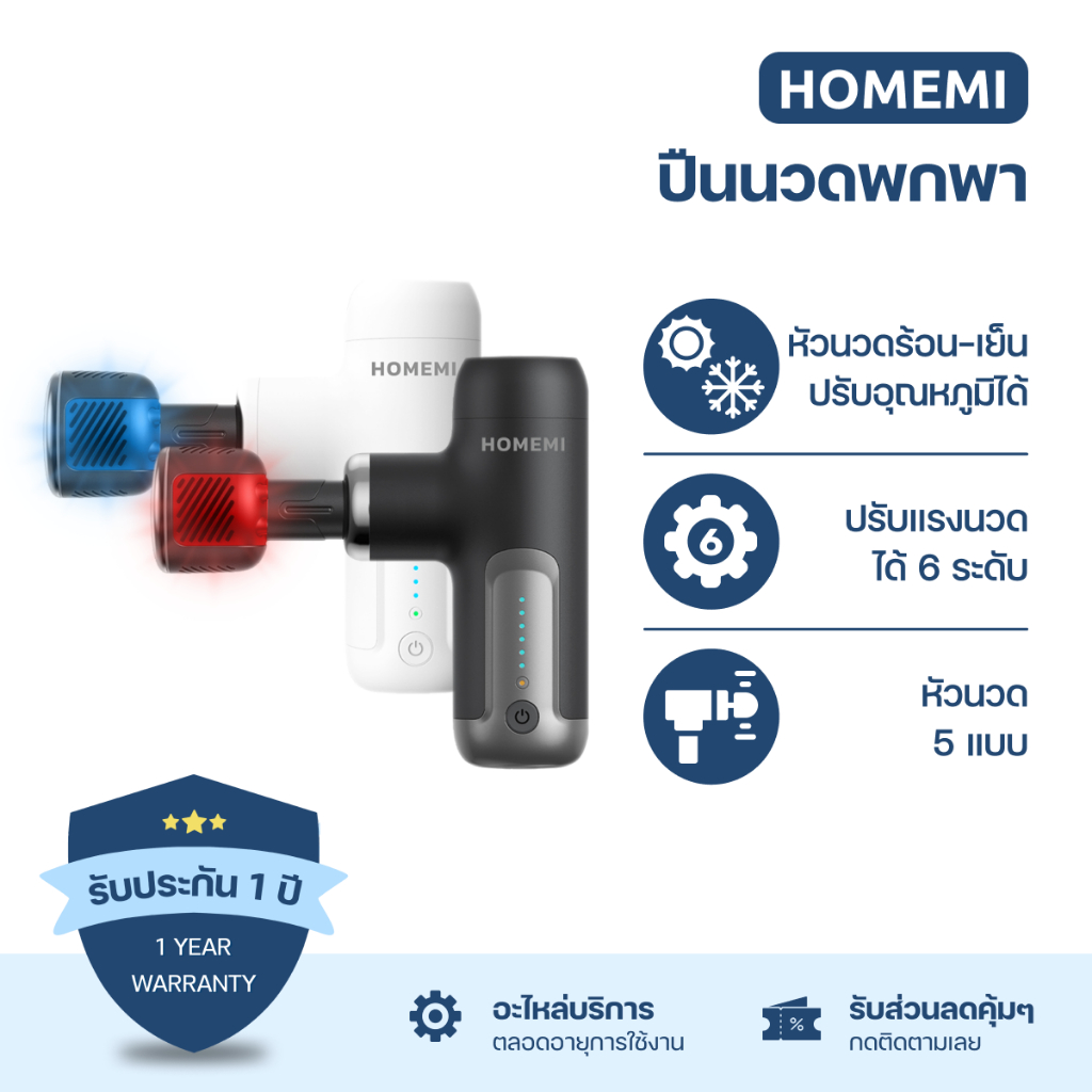 Homemi ปืนนวดพกพาไร้สาย Massager Gun รุ่น หัวธรรมดาและหัวประคบร้อน-เย็น นวดกล้ามเนื้อ นวดกดจุด