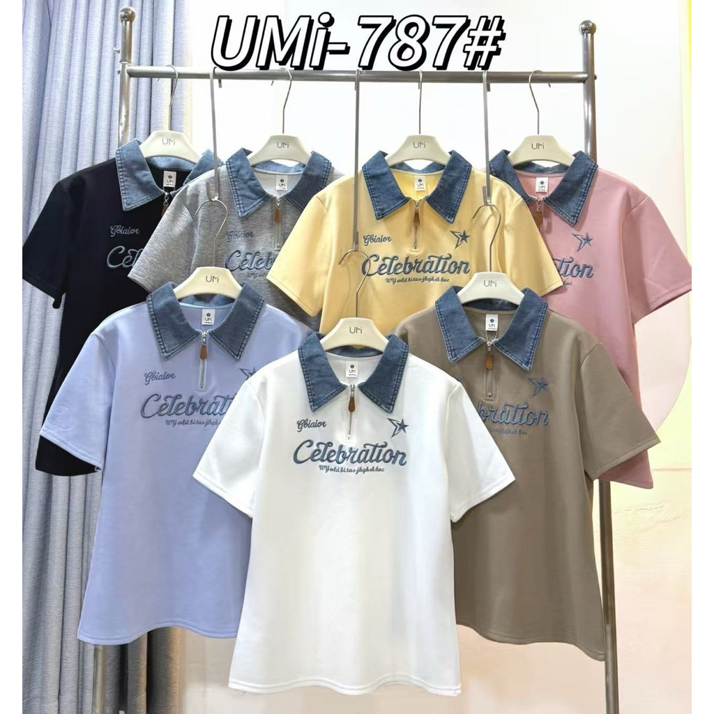รหัส787เสื้อยืดคอปกยีนส์ผ้านาโนมีซิปหน้างานปักยีนส์งานป้ายA&K