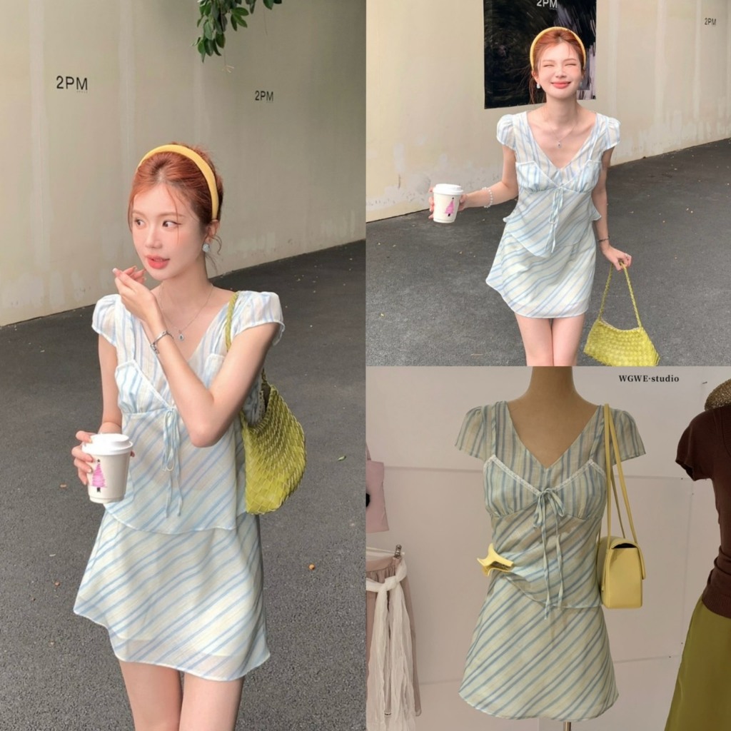 (พร้อมส่ง) Set2pcs เสื้อแขนสั้นคอวีลายริ้ว+กระโปรงสั้น - 10612 TAG WG.WE 🇰🇷