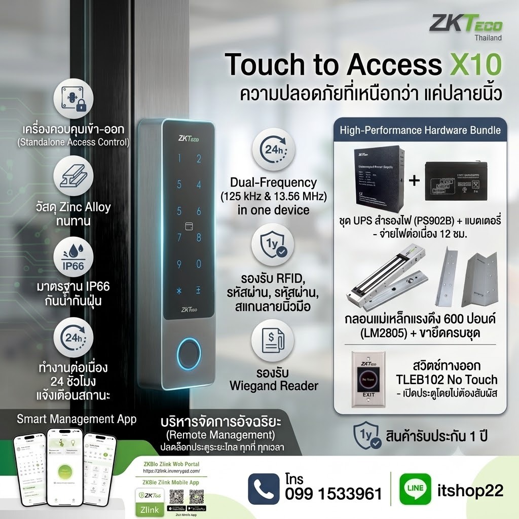 ZK Teco X10 พร้อมชุดกลอนอลูมิเนียม Standalone Access Control เครืองสแกนนิ้ว บัตร รหัส ใช้งานผ่านแอป 