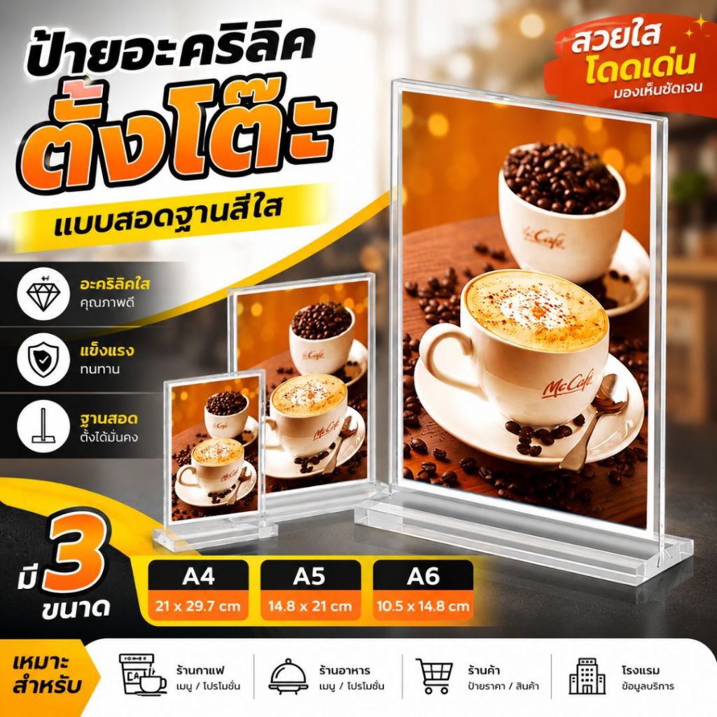 ป้ายตั้งโต๊ะ อะคริลิค ป้ายเมนู กรอบรูปอะคริลิค A4 A5 A6 แบบสอด ฐานสีใส