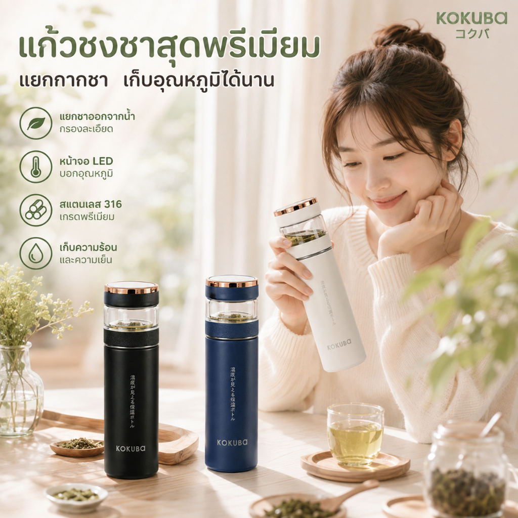 KOKUBA กระบอกน้ำเก็บอุณหภูมิ 500ml จอแสดงอุณหภูมิ กรองชา แก้วชงชา สแตนเลส316 เก็บร้อนเย็น พกพา สไตล์ญี่ปุ่น