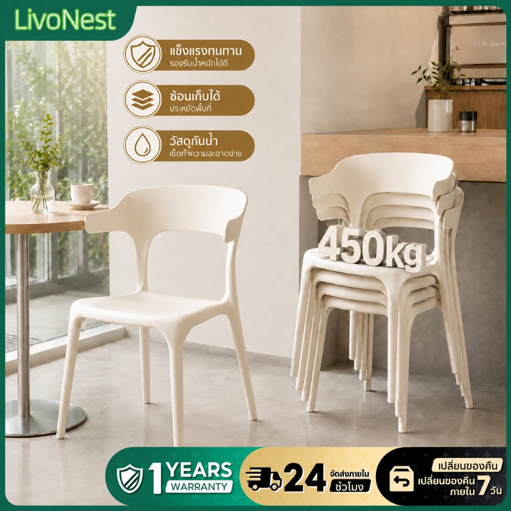 (ซื้อ 1 แถม 1)เก้าอี้ เก้าอี้พลาสติก ดีไซน์โมเดิร์น  แข็งแรง น้ำหนักเบา ใช้ได้ทั้งในบ้าน ร้านอาหาร คาเฟ่ ห้องรับประทานอา