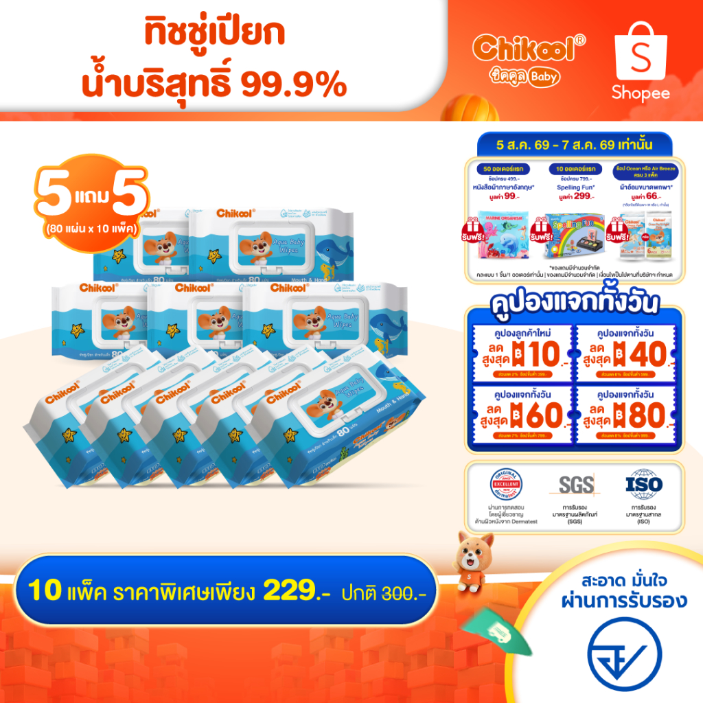 [ซื้อ 5 แถม 5] Chikool Aqua Baby Wipes ชิคคูล ทิชชู่เปียก สำหรับเด็ก ผ้าเปียกนุ่มชุ่มชื้นอ่อนโยนต่อเด็ก 80 แผ่น/1แพ็ค