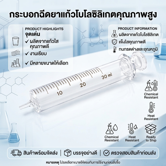 หลอดฉีดยาแก้ว ขนาด 30 ml. ปลายฉีดทำจากแก้ว (Glass Syringe Tips) กระบอกสูบชนิดขุ่น (Grounded Barrel)