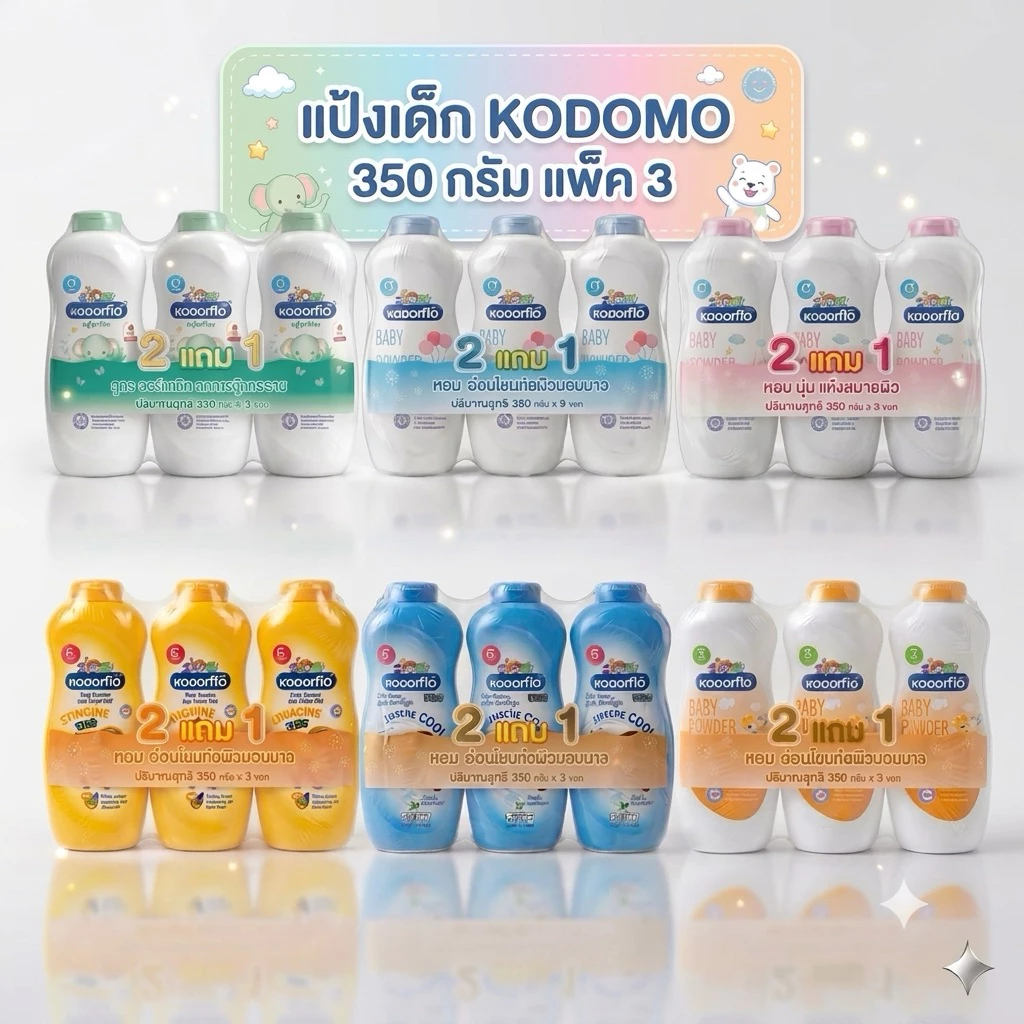 [แพ็ค2แถม1] Kodomo โคโดโม แป้งเด็ก แป้งฝุ่นสำหรับเด็กเล็กและเด็กโต ขนาน 350 กรัม