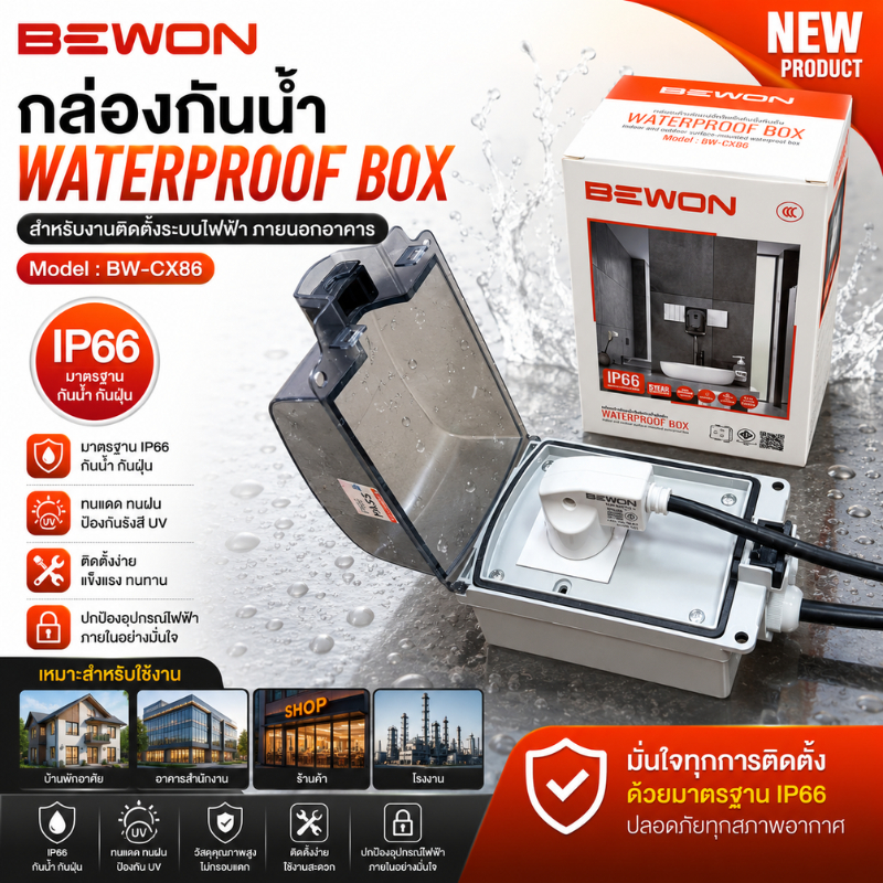 BEWON กล่องเต้าเสียบปลั๊กไฟฟ้ากันน้ำกันฝุ่น IP66 รุ่น BW-CX86 Waterproof Box ติดตั้งภายนอกและภายในอาคาร