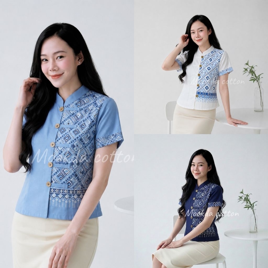 เสื้อผ้าฝ้ายคอจีนทูโทนลายวชิรภักดิ์ กระดุมเหรียญ