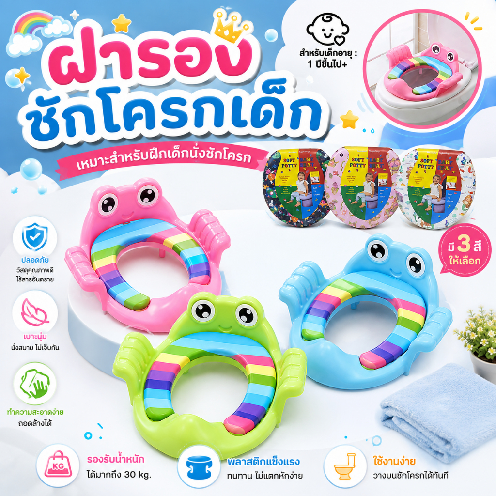 ฝารองชักโครกเด็ก ช่วยฝึกการขับถ่าย สร้างนิสัยการเข้าห้องน้ำที่ดีให้กับเด็ก ผลิตจากพลาสติกคุณภาพ ทนต่อการใช้งาน