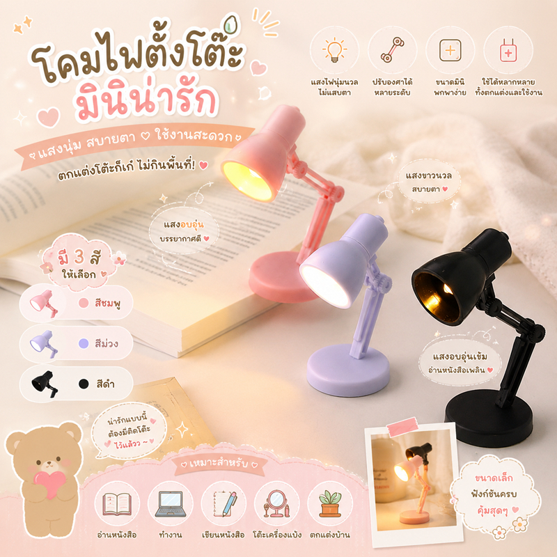 ติดตู้เย็นโคมไฟ โคมไฟตั้งโต๊ะจิ๋ว LED Mini Desk Lamp ไฟอ่านหนังสือขนาดเล็ก น่ารัก มินิมอล ปรับองศาได้