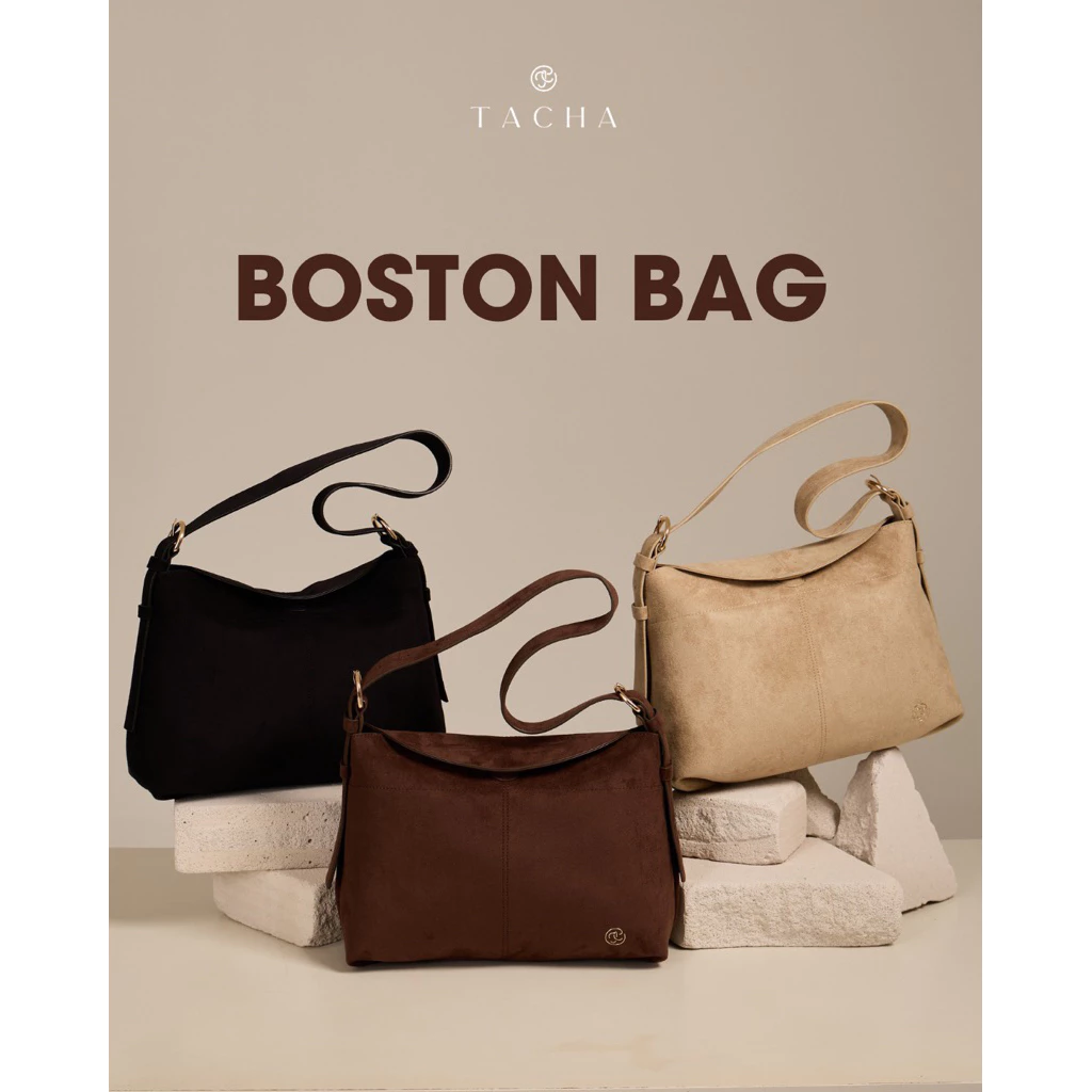 TACHA Boston bag กระเป๋าสะพายหนังกลับ ฝาปิดตัวดูดแม่เหล็ก ปรับความยาวสายได้หลายระดับ