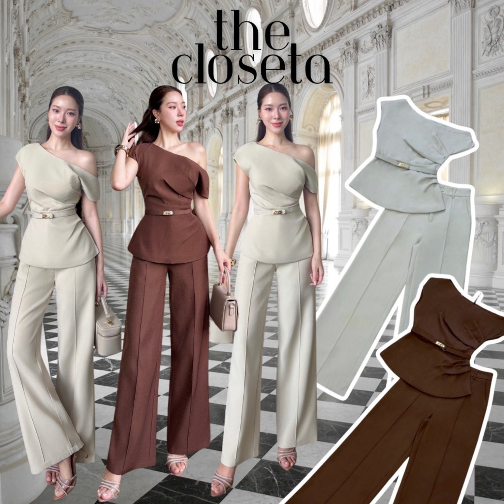 THE CLOSETA : LV354 ชุดเซ็ทเสื้อไหล่เฉียง กางเกงขายาว พร้อมเข็มขัดครบเซ็ท