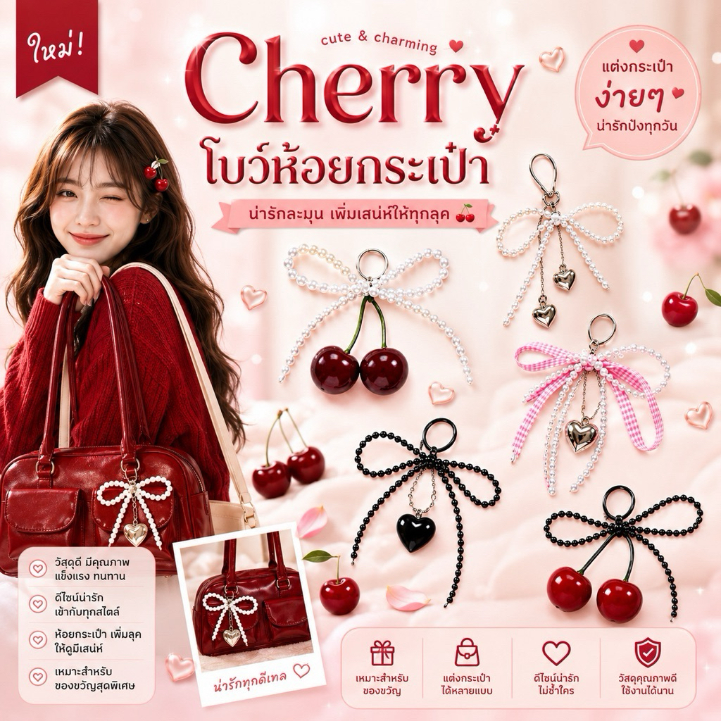 BP🧸ASHI  🎀 โบว์ห้อยกระเป๋า Cherry Style  ดีไซน์หวาน สไตล์เกาหลี  โบว์มุก เพิ่มความละมุน  ห้อยตกแต่งกระเป๋าได้หลายแบบ