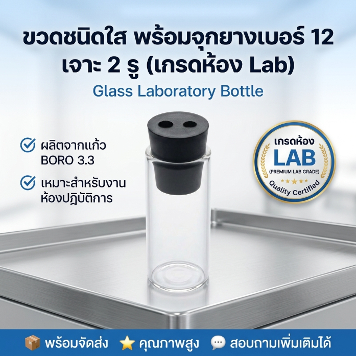 จุกยาง 2 รู พร้อมหลอดแก้ว ผลิตจากแก้วใส คุณภาพดี จุกยางแน่น ใช้งานสะดวก