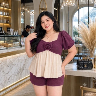 (โปรเดือน 8.8 .) C25ชุดเซตพราวกุหลาบ-ขาสั้น ผ้าท๊อฟฟี่ ชุดเซตสาวอวบใส่สบาย