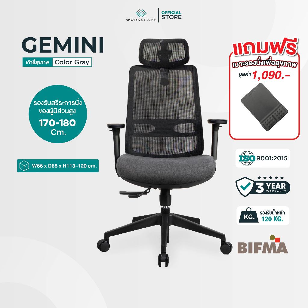 (ฟรีเเผ่นรองเม้าส์) Workscape เก้าอี้สุขภาพ รุ่น GEMINI Black พนักพิงตาข่าย เบาะโฟมขึ้นรูป นั่งสบาย