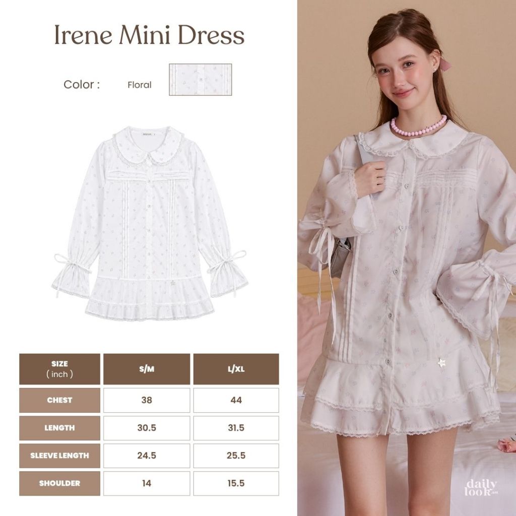 DAILYLOOK.SM --- Irene mini dress มินิเดรสแขนยาว คอปกแต่งระบายลูกไม้ ผ้าลายดอกไม้สีพาสเทลสุดน่ารัก