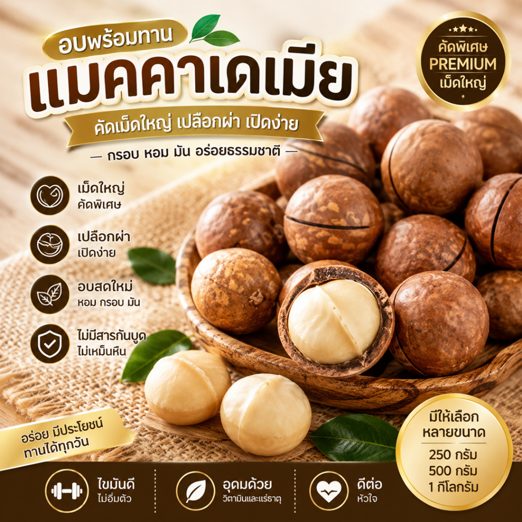 [ส่งด่วน] แมคคาเดเมีย ไซส์ใหญ่ อบเนย 1000g ออร์แกนิค หอม อบใหม่ คุณประโยชน์สูง [F001]