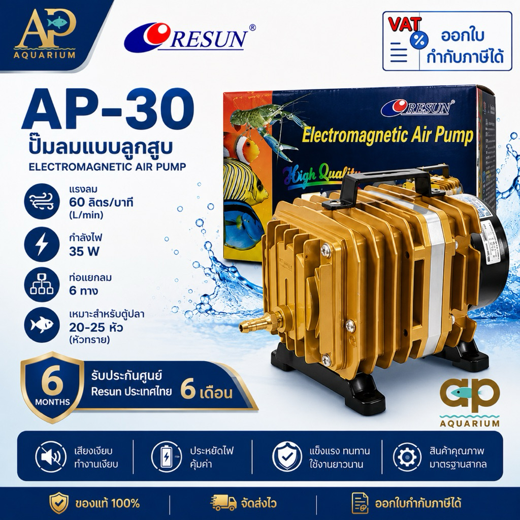 Resun AP-30 ปั๊มลมแบบลูกสูบ ท่อแยกลม 6 ทาง ใช้กับตู้ปลาได้ประมาณ 20-25 หัวกำลังไฟ 35Wแรงลม 60 ลิตร/นาที