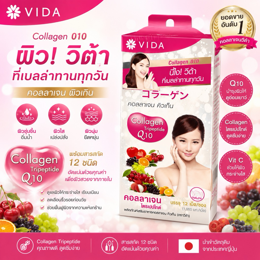 VIDA Collagen Q10 ผลิตภัณฑ์เสริมอาหารคอลลาเจนสูตรผสม Coenzyme Q10 และสารสกัดต่างๆ ในรูปแบบเม็ด