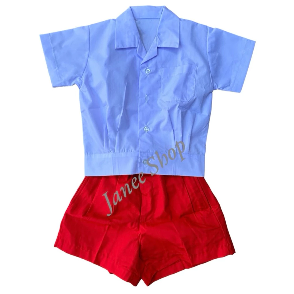 ชุดนักเรียนอนุบาลเสื้อเอวจั๊ม กางเกงเอวยางสีแดง*ราคาทั้งชุด*