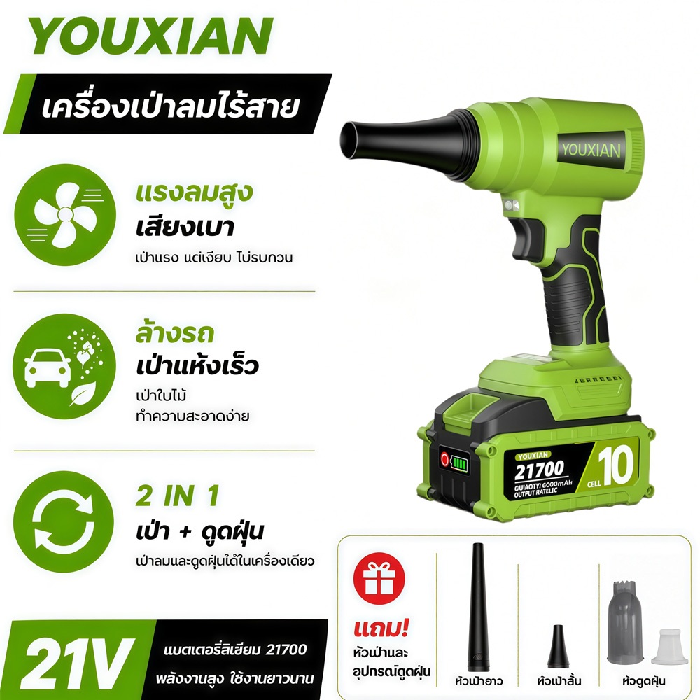 YOUXIAN เครื่องเป่าลมไร้สาย Turbo Blower 2in1 เป่า-ดูด มอเตอร์ BL ลมแรง แบต 21700 เป่าฝุ่น ใบไม้