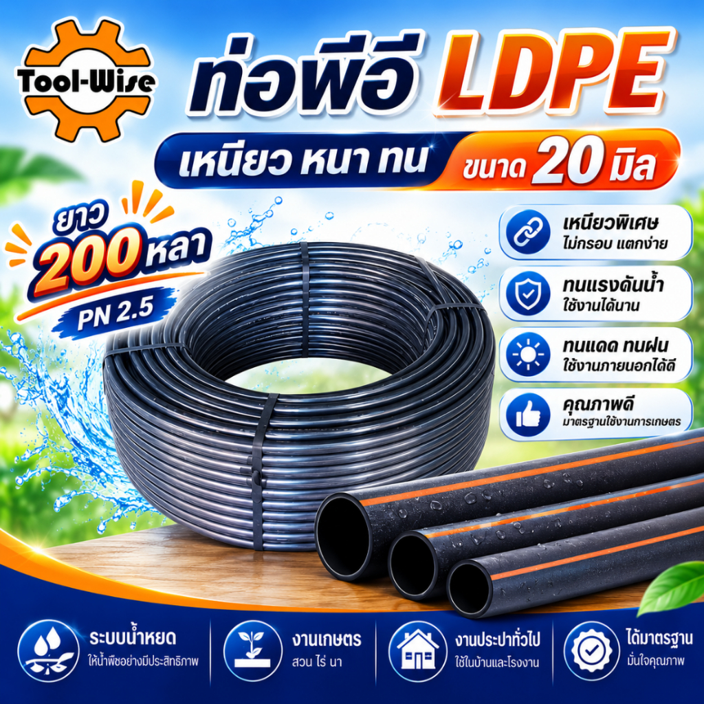 สายพีอี ท่อพีอี ท่อpe LDPE ขนาด20มิล (4หุน) ความยาว 200หลา (1ม้วน/1ออเดอร์)