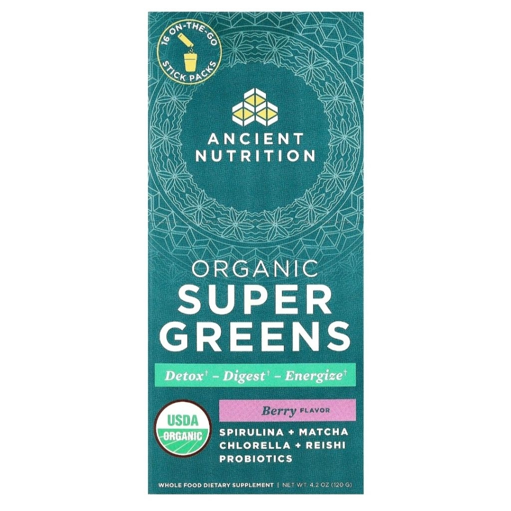 Ancient Nutrition, Organic Super Greens, Berry, 16 On-The-Go Stick Packs, 0.3 oz (7.5 g) Each