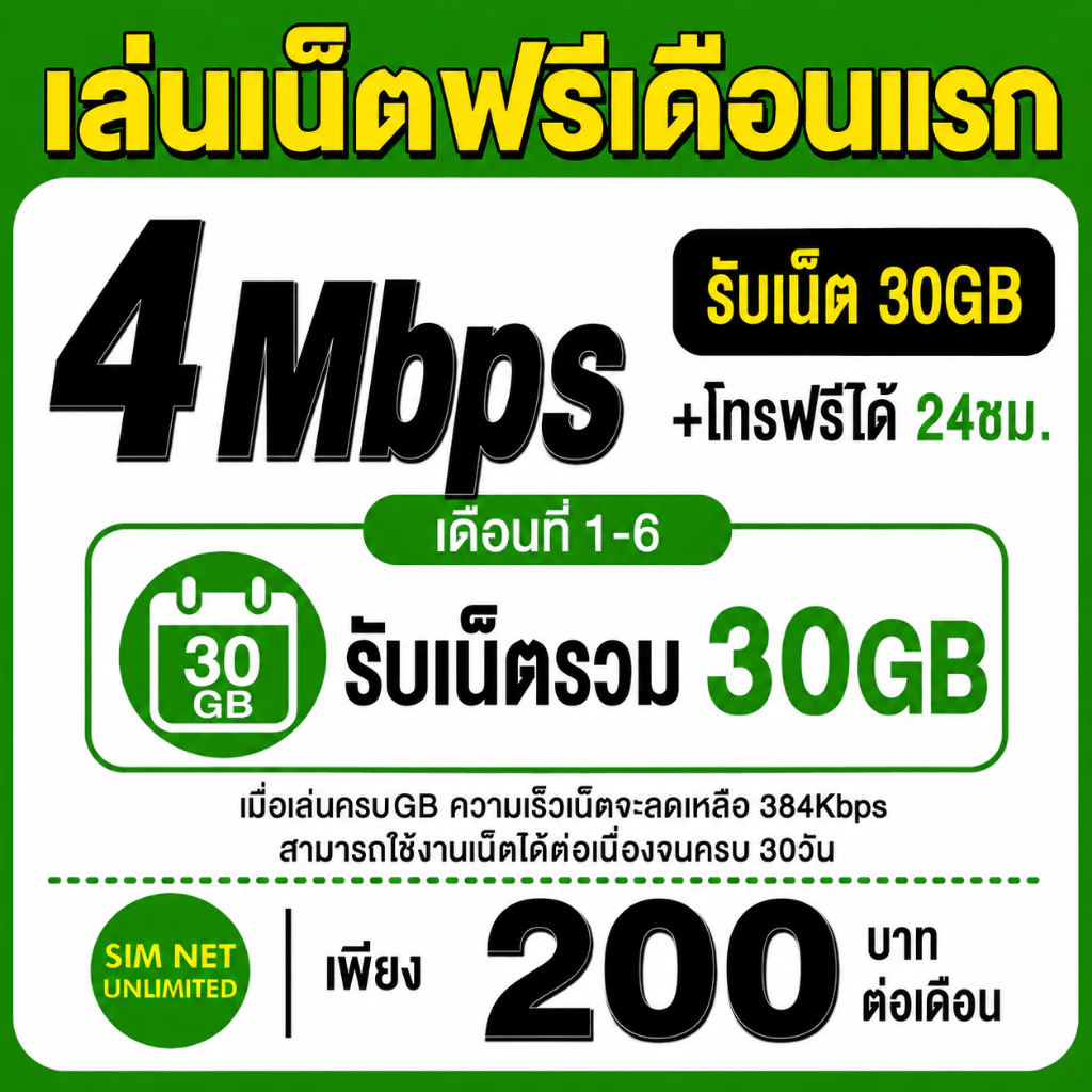 (เล่นฟรีเดือนแรก) ซิมเทพ AIS เล่นเน็ตไม่อั้น ความเร็ว 4Mbps (ใช้ฟรี AIS super wifi ทุกแพ็กเกจ)