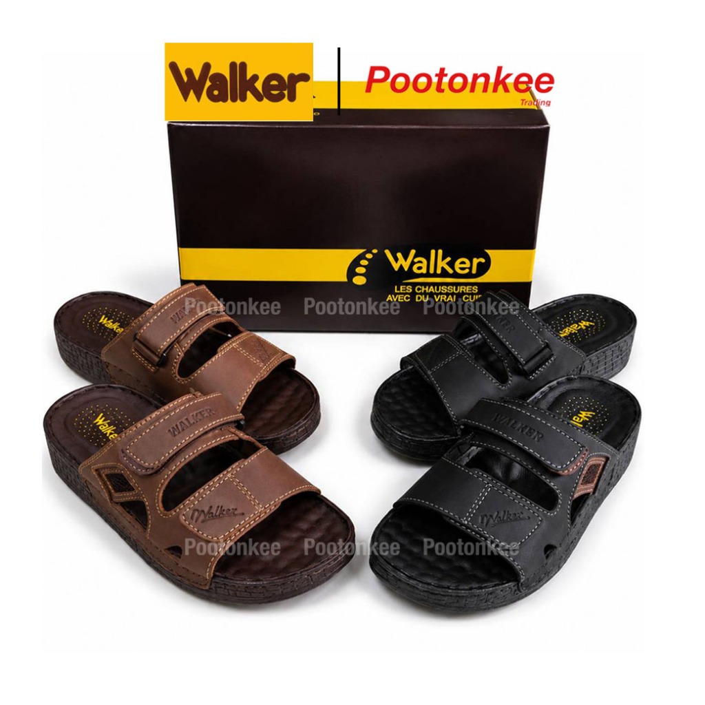 Walker รุ่น WB 723 รองเท้าวอคเกอร์ สีดำ น้ำตาล รองเท้าแตะหนังแท้ผู้ชาย