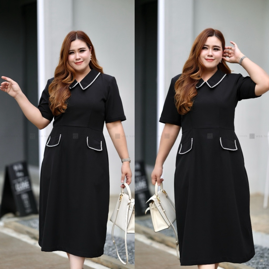 DR372 เดรสดำขอบริบบิ้นขาว เสื้อผ้าพลัสไซส์ Plussize Fashion ชุดคนอ้วน แฟชั่นสาวอวบ