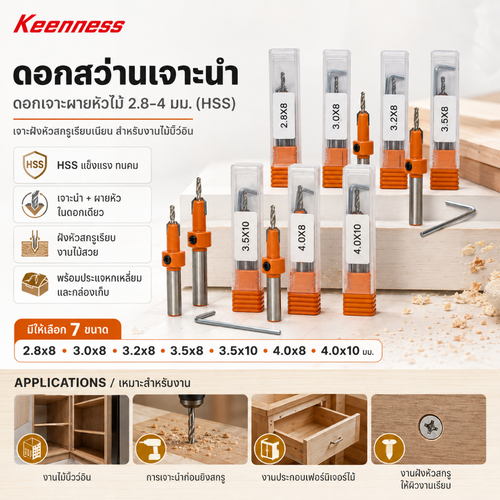 Keenness ดอกสว่านเจาะนำไม้ ดอกเจาะผายหัวสกรู 2.8-4 มม. (HSS) เจาะฝังหัวเรียบเนียน พร้อมประแจและกล่องเก็บ