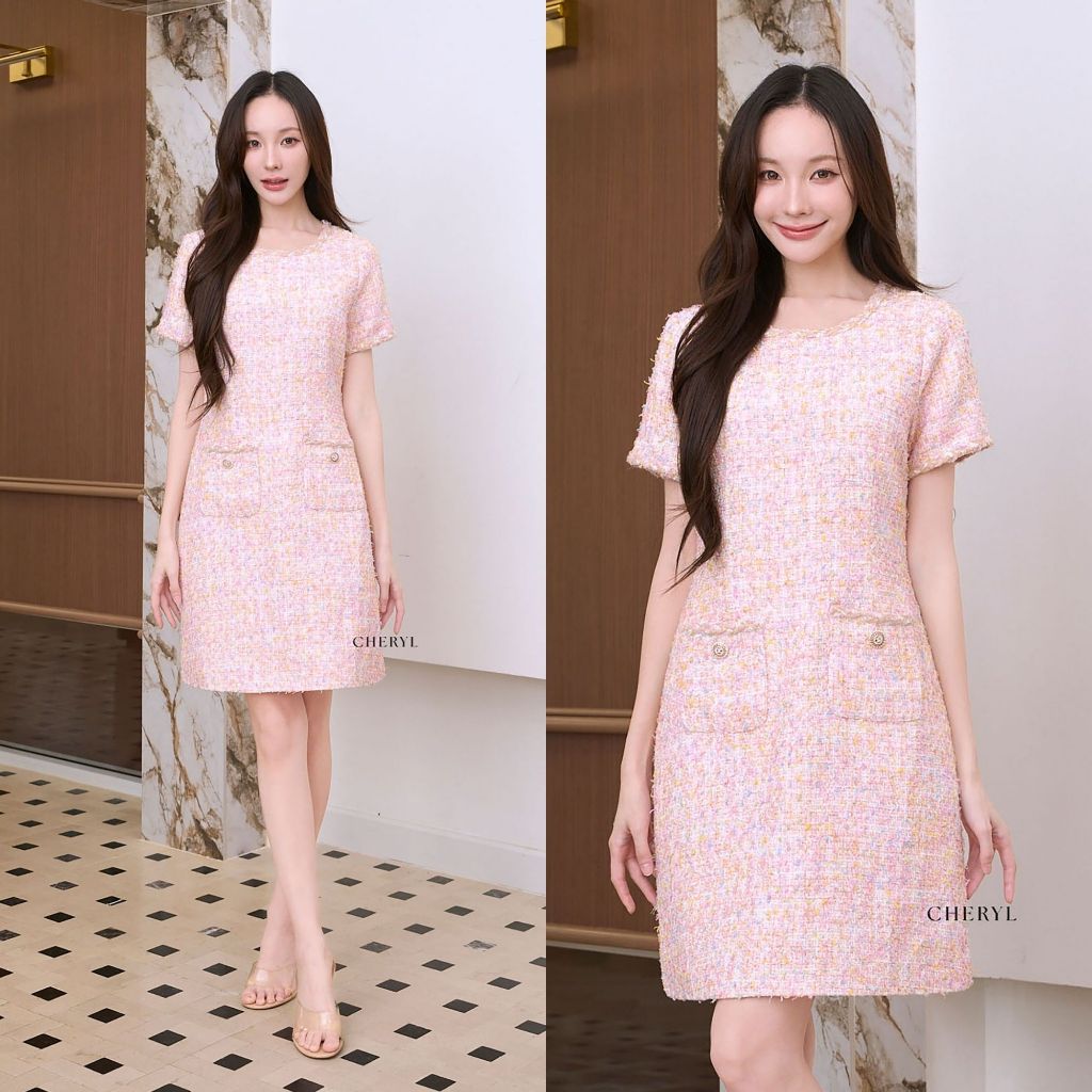 Cheryl brand - Kenneth Tweed Dress in PinkBlush Harmony / เดรสผ้าทวีตสีชมพู