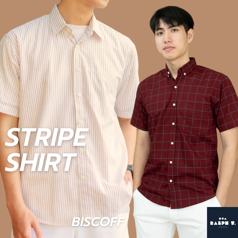 [ลด 80%] เสื้อเชิ้ตผู้ชาย แขนสั้น OXFORD ลายทาง ริ้ว - RALPH T OFFICIAL เสื้อเชิ้ตแขนสั้น