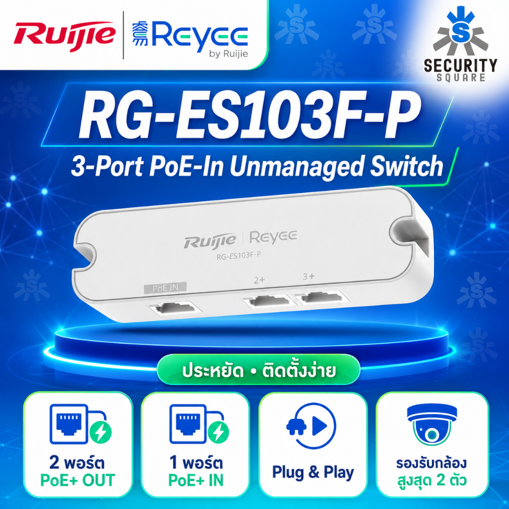 Ruijie Reyee RG-ES103F-P สวิตช์ PoE Unmanaged Switch 3 พอร์ต (2 พอร์ต PoE+ / 1 พอร์ต PoE-In) สำหรับต่อกล้องวงจรปิด IP