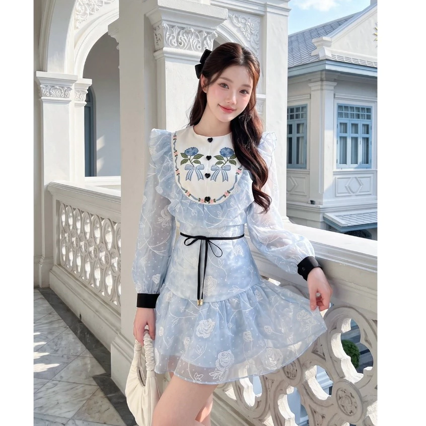 (มี3XL) Maria Diamond สีฟ้า Yale Love Set เซ็ต 2 ชิ้น ผ้าชีฟอง texture แต่งงานปักแขนยาว + กระโปรงซับในกางเกง