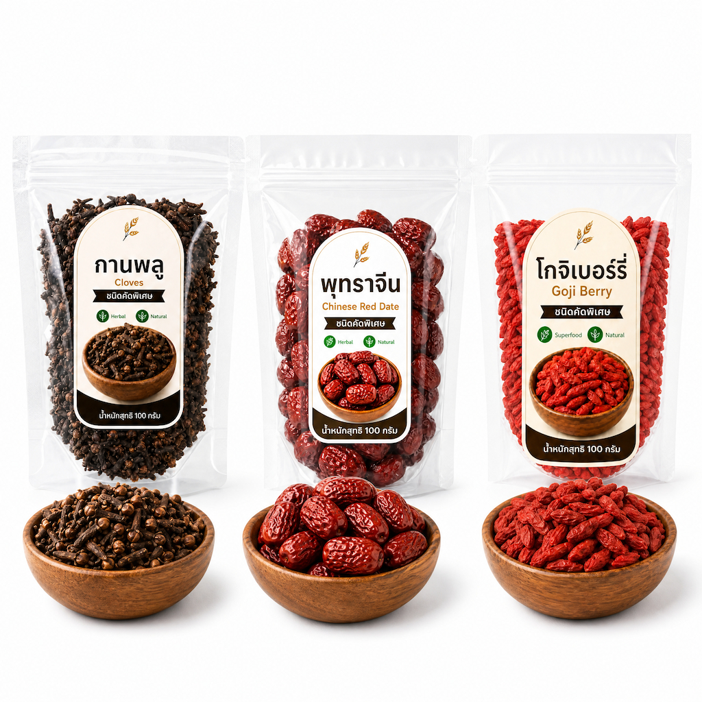 เซ็ต กานพลู พุทราจีน โกจิเบอร์รี่ | Cloves Chinese Red Date Goji Berry Set | คัดพิเศษ | เครื่องเทศสมุนไพร ถุงละ 100 g