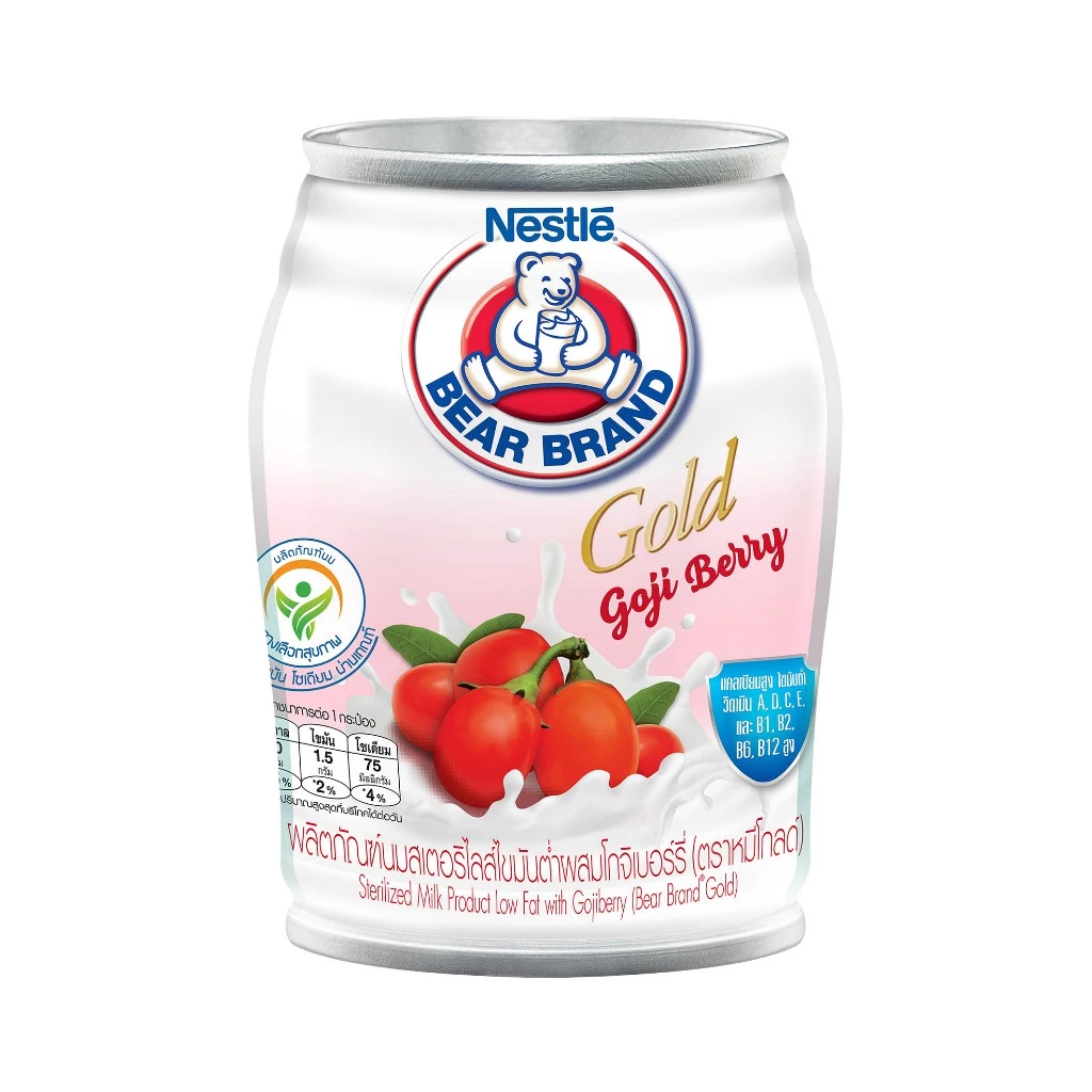 นมสเตอริไลส์ไขมันต่ำ ตราหมีโกลด์ 140 มล. (24 กระป๋อง) สูตรผสมโกจิเบอร์รี่