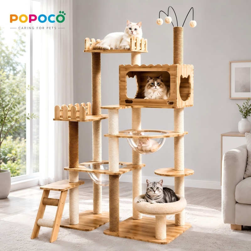 【POPOCO】คอนโดแมววิลล่า คอนโดแมวไม้แท้ บ้านแมวขนาดใหญ่ สำหรับแมวหลายตัว เสาลับเล็บ Cat Tower