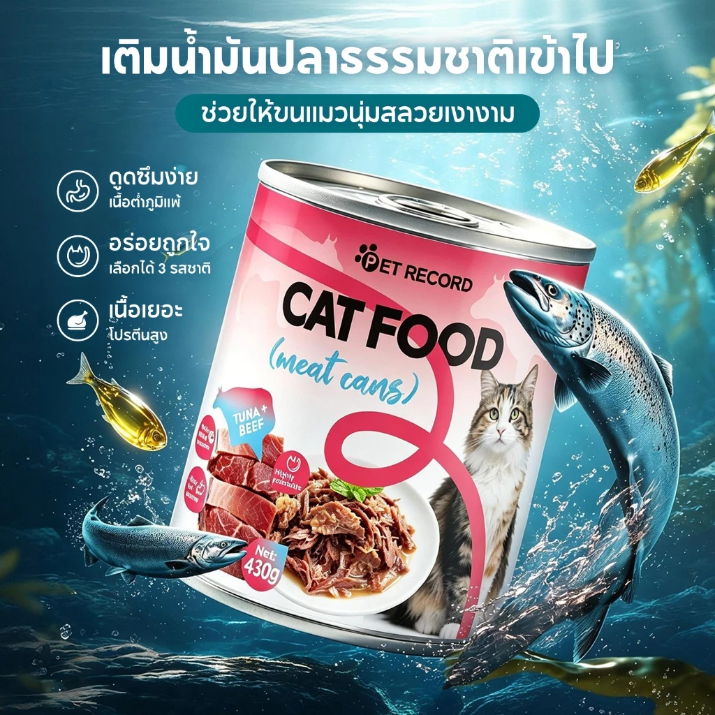สินค้าใหม่ กระป๋องทูน่าเนื้อแดงแมว PET RECORD 430g 3รส โปรตีน≥30% น้ำซุปช่วยดื่มน้ำ โอเมก้า3 บำรุงขน แมวทุกวัย thumbnail 8