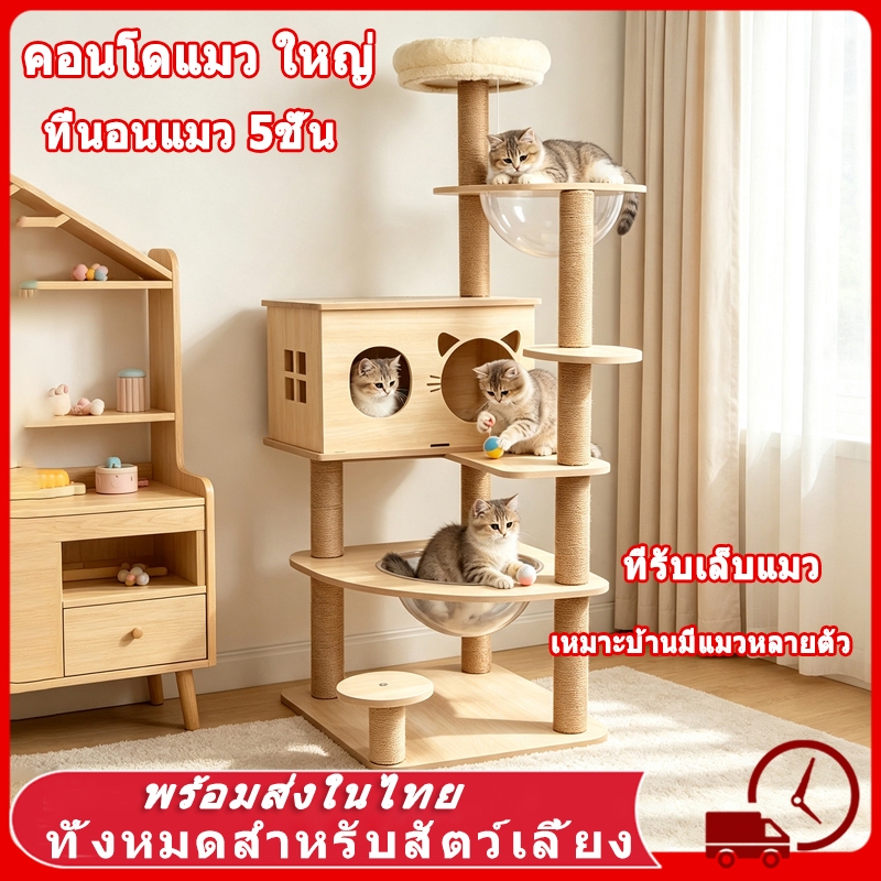 คอนโดแมว ใหญ่ คอนโดแมวไม้ บ้านแมว เหมาะสำหรับเลี้ยงน้องแมว 4-6ตัว เสาลับเล็บ ขนาดใหญ่ สูง140CM คอนโดแมว3ชั้น บ้านแมว