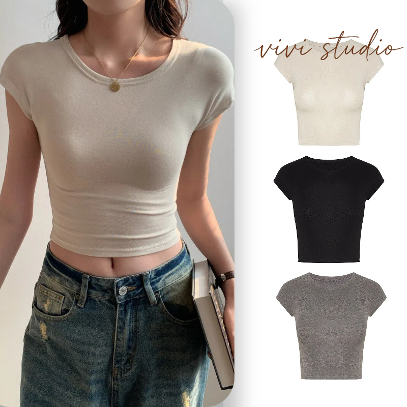 S-XL*พร้อมส่ง*เสื้อยืดครอปคอกลมแขนสั้น สีพื้น ผ้านุ่มใส่สบายฤดูร้อน